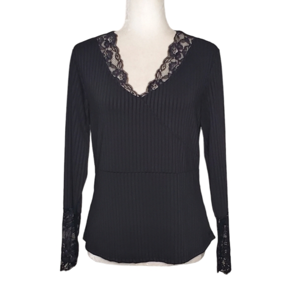 Shein Womens V Neck Lace Trim Rib Knit Long Sleeve Casual Tops 0XL - Picture 2 of 12